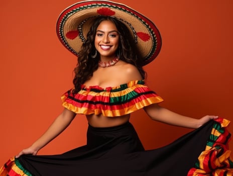 Mexican woman in emotional dynamic pose on solid background AI Generative photo