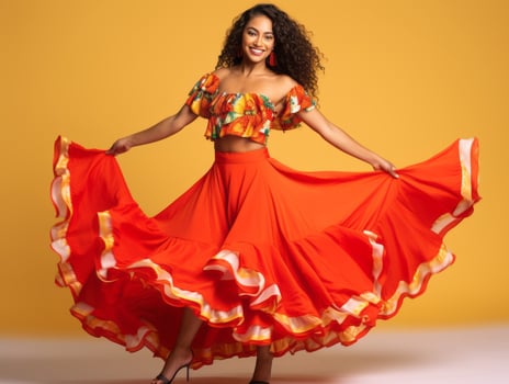 Mexican woman in emotional dynamic pose on solid background AI Generative photo