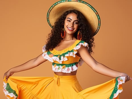 Mexican woman in emotional dynamic pose on solid background AI Generative photo