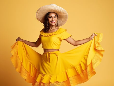 Mexican woman in emotional dynamic pose on solid background AI Generative photo