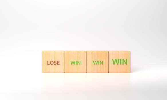 3d rendering lose to WIN, business concept. Competition, strategy, success, unsuccess. Common goals of company and mission. Risk and management. Wooden cubes with win and lose text on white background photo