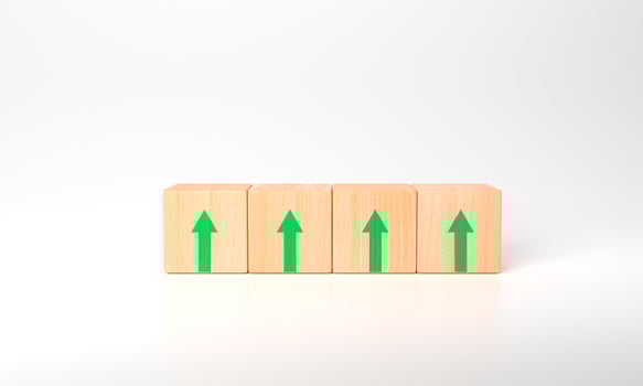 3d rendering Business performance growth concept. Wooden cube with increasing green arrow icons on white background. vision plan, action for business development. Growth high performance banner. photo