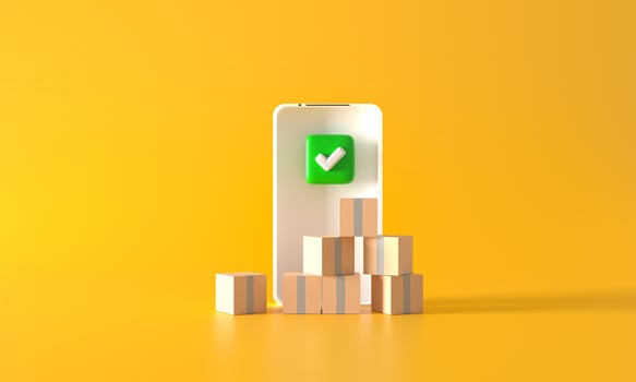 3d rendering Online good parcel Finished delivery. boxes on smartphone on yellow background. service or shipping and global logistic concept, quick and fast cargo shipment. check is correct photo