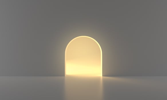 Light Door in dark Room with yellow Glow. Business and Freedom, Hope and Imagination Concept 3d rendering, yellow light going through the open door on dark black background. Modern minimal concept. photo