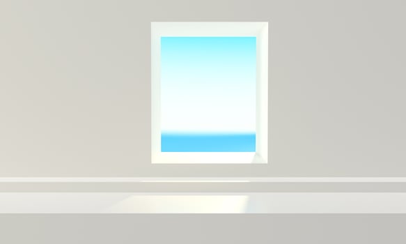 scene for product beside terrace modern minimal and luxury, sea view in window at vacation. 3d rendering illustration tourist resort. Holiday summer season fantasy and reality into dreamlike spaces photo
