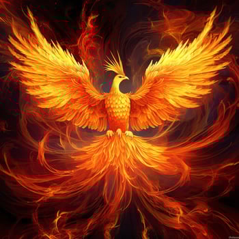 Phoenix bird with outstretched wings rising burning in flames. Epic phoenix bird fire rebirth power concept by AI Generated photo