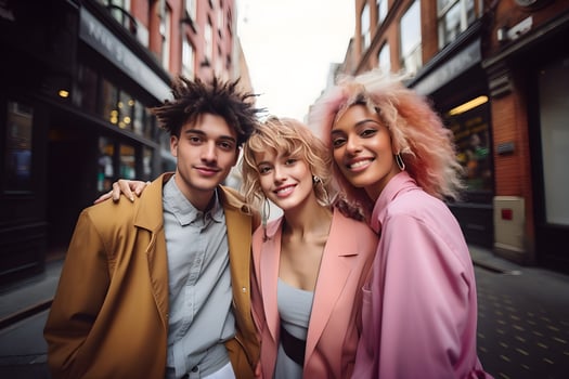 Portrait of friends group smiling in the city. Friendship, , lifestyle concept. Ai generative photo