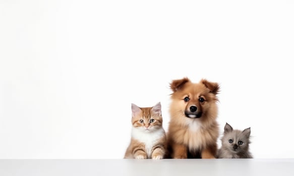 AI Generated Backdrop with pictures of cute pets, puppies and kittens sitting together on a white background. photo