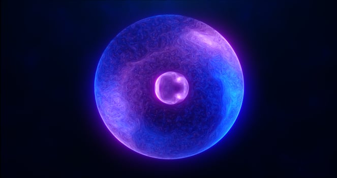Blue purple energy sphere with glowing bright particles, atom with electrons and elektric magic field scientific futuristic hi-tech abstract background photo