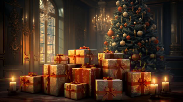 Beautiful shiny Christmas gifts for the holiday under the Christmas tree with toys near the fireplace. Christmas card concept photo