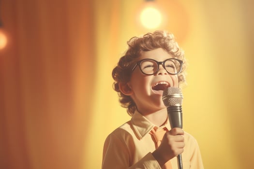 Happy child playing Singer,Actor at indoor ,Generative AI. photo