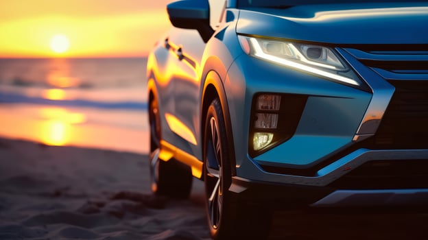 AI generated Compact SUV car and modern design on concrete road at the sea of beautiful sunset background , Front view of luxury new SUV car, Ai generative photo