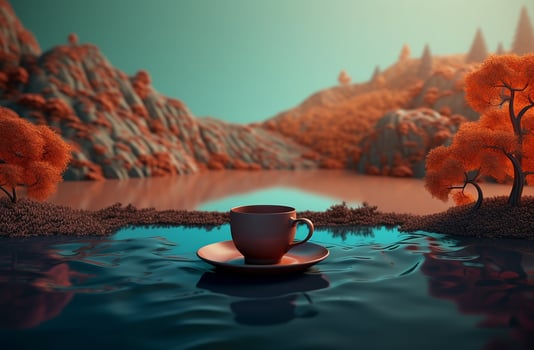 Autumn landscape with cup of hot coffee photography AI Generated Image photo