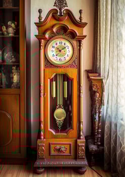 An antique pendulum clock hanging from a wall 35 mm photography AI Generated Image photo