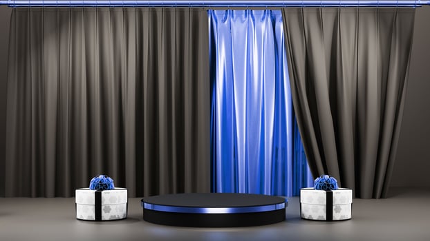 A room with a stage and curtains photo