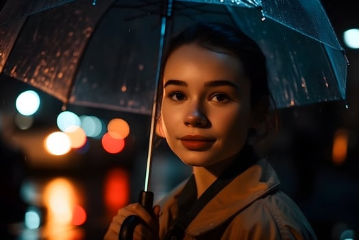 Portrait of a girl with an umbrella in the rain. Neural network AI generated photo