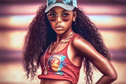 Young afrcan american female dancer dancing hip hop dance. Neural network AI generated photo