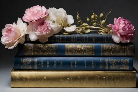 Flower lying on the books. AI Generative photo