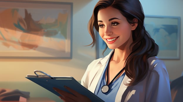 Female doctor with clipboard talking to smiling woman patient at hospital. Generative AI photo