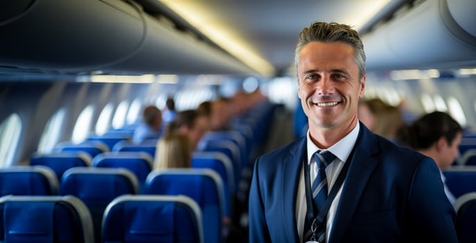 Steward is showing instructions in a plane to passengers photo
