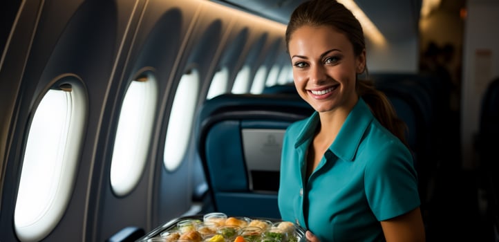 Stewardess is bringing food to passengers photo