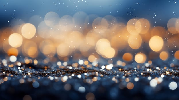 Blurred lights background with snow. Glitter confetti bokeh background. Generative AI photo