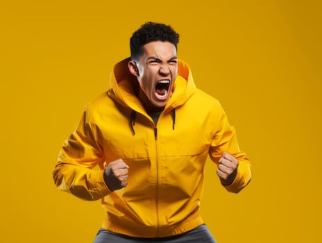 Asian man in emotional dynamic pose on solid background AI Generative photo