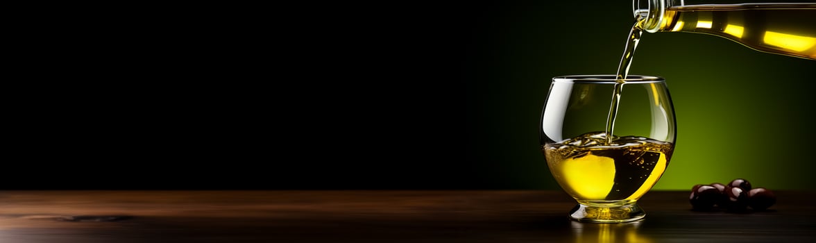 Hand pouring organic olive oil into a glass bottle isolated on a green gradient background photo
