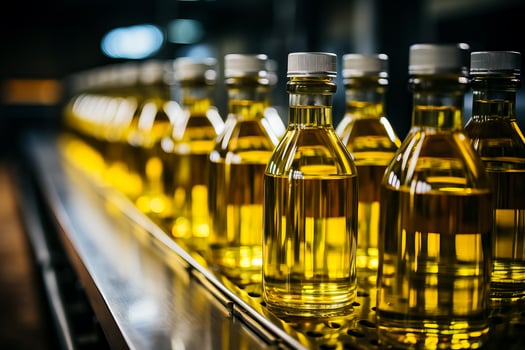Industrial conveyor belt with olive oil bottles modern packaging process background with empty space for text photo
