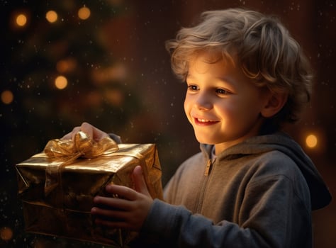 A young boy is excited to open his xmas present under the christmas tree photo