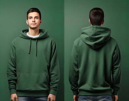 Front and back view of a green hoodie mockup for design print. ai generated photo