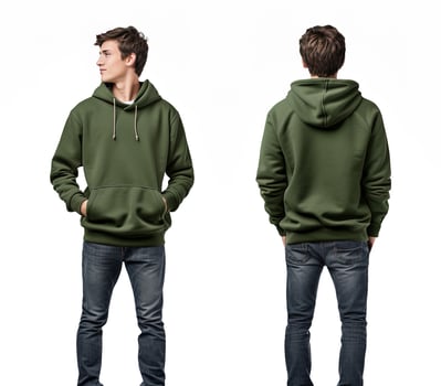 Front and back view of a green hoodie mockup for design print. ai generated photo