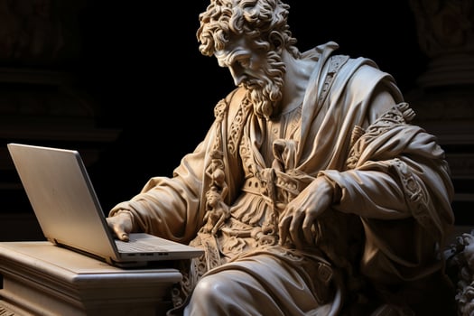 Greek statue of an emperor with carrying a notebook at his side. AI generative photo