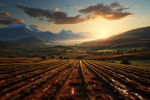Beautiful view of a tea field plantation, vineyard farm or strawberry garden in the green hills at sunrise concept by AI Generated photo