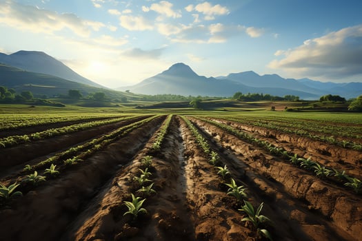 Beautiful view of a tea field plantation, vineyard farm or strawberry garden in the green hills at sunrise concept by AI Generated photo