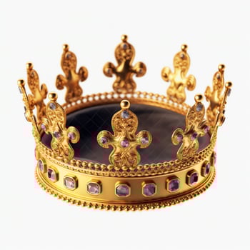 Regal golden emperor crown of a king on white background. 3D rendering luxury royal king gold crown concept by AI Generated photo