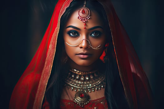 Beautiful Indian girl Hindu female model in sari and kundan accessories red traditional costume of india photo