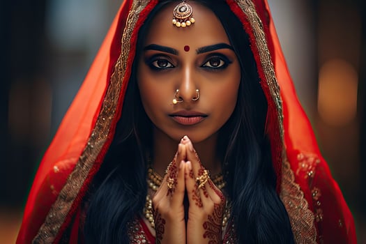 Beautiful Indian girl Hindu female model in sari and kundan accessories red traditional costume of india photo