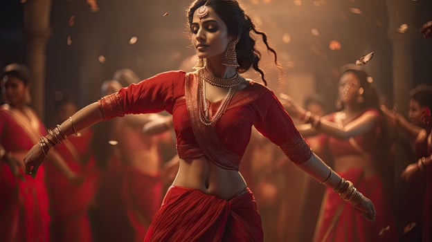 Beautiful Indian girl Hindu female model in sari and kundan accessories red traditional costume of india photo