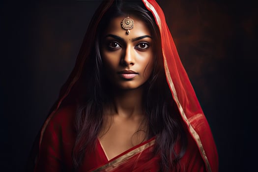 Beautiful Indian girl Hindu female model in sari and kundan accessories red traditional costume of india photo