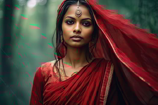 Beautiful Indian girl Hindu female model in sari and kundan accessories red traditional costume of india photo