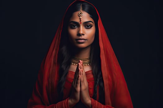 Beautiful Indian girl Hindu female model in sari and kundan accessories red traditional costume of india photo