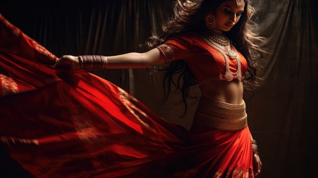 Beautiful Indian girl Hindu female model in sari and kundan accessories red traditional costume of india photo