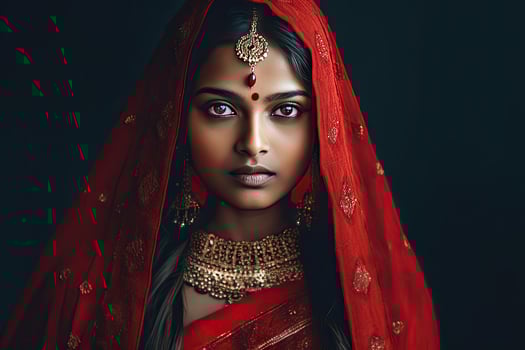 Beautiful Indian girl Hindu female model in sari and kundan accessories red traditional costume of india photo