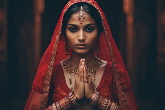 Beautiful Indian girl Hindu female model in sari and kundan accessories red traditional costume of india photo