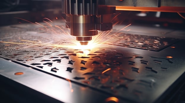 CNC milling machine. Laser cutting of steel for metal. Machine tool industry exhibition, laser sparks photo