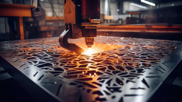 CNC milling machine. Laser cutting of steel for metal. Machine tool industry exhibition, laser sparks photo