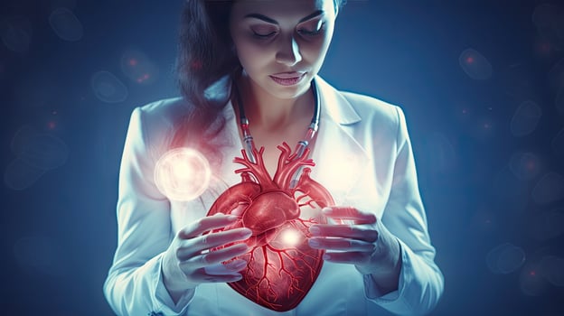 Female doctor touchstone virtual heart in hand hand drawn human organs Highlighting red is a symbol of disease. hospital treatment concept photo