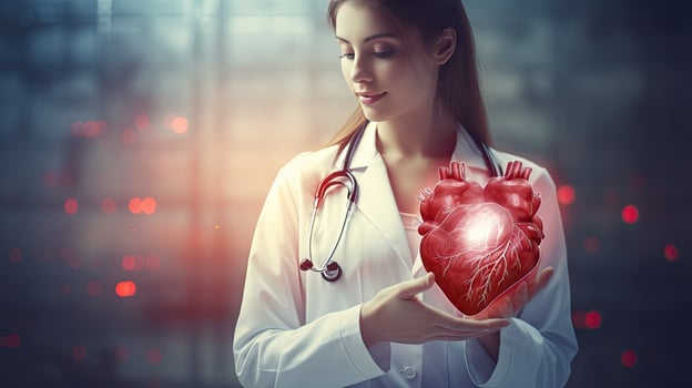 Female doctor touchstone virtual heart in hand hand drawn human organs Highlighting red is a symbol of disease. hospital treatment concept photo