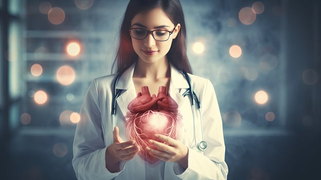 Female doctor touchstone virtual heart in hand hand drawn human organs Highlighting red is a symbol of disease. hospital treatment concept photo